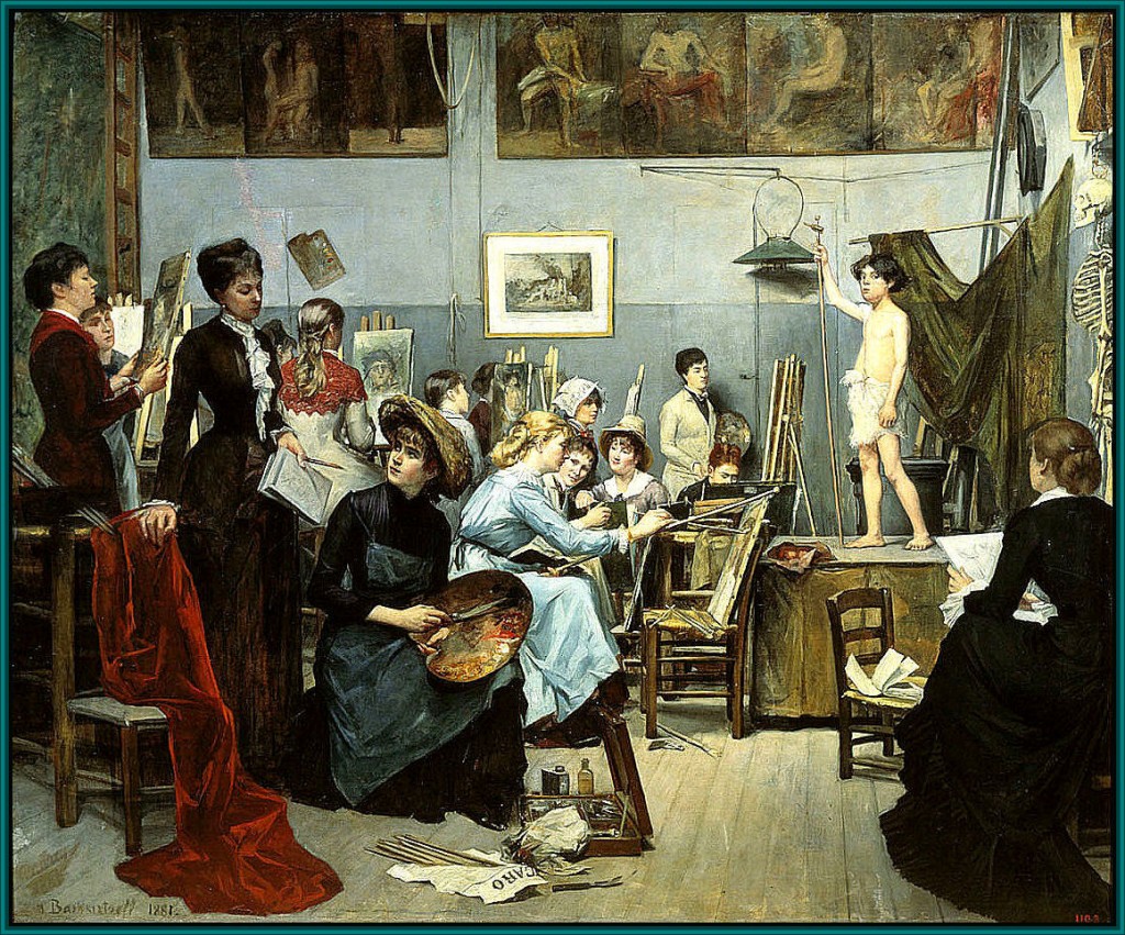 In the Studio by Marie Bashkirtsheff. Set over a decade earlier than my mystery, this painting shows a class for women at the famous Academie Julien, where my heroine Theo later studied. Many foreign students, women, and French students improved their skills studied here. Women were charged double.